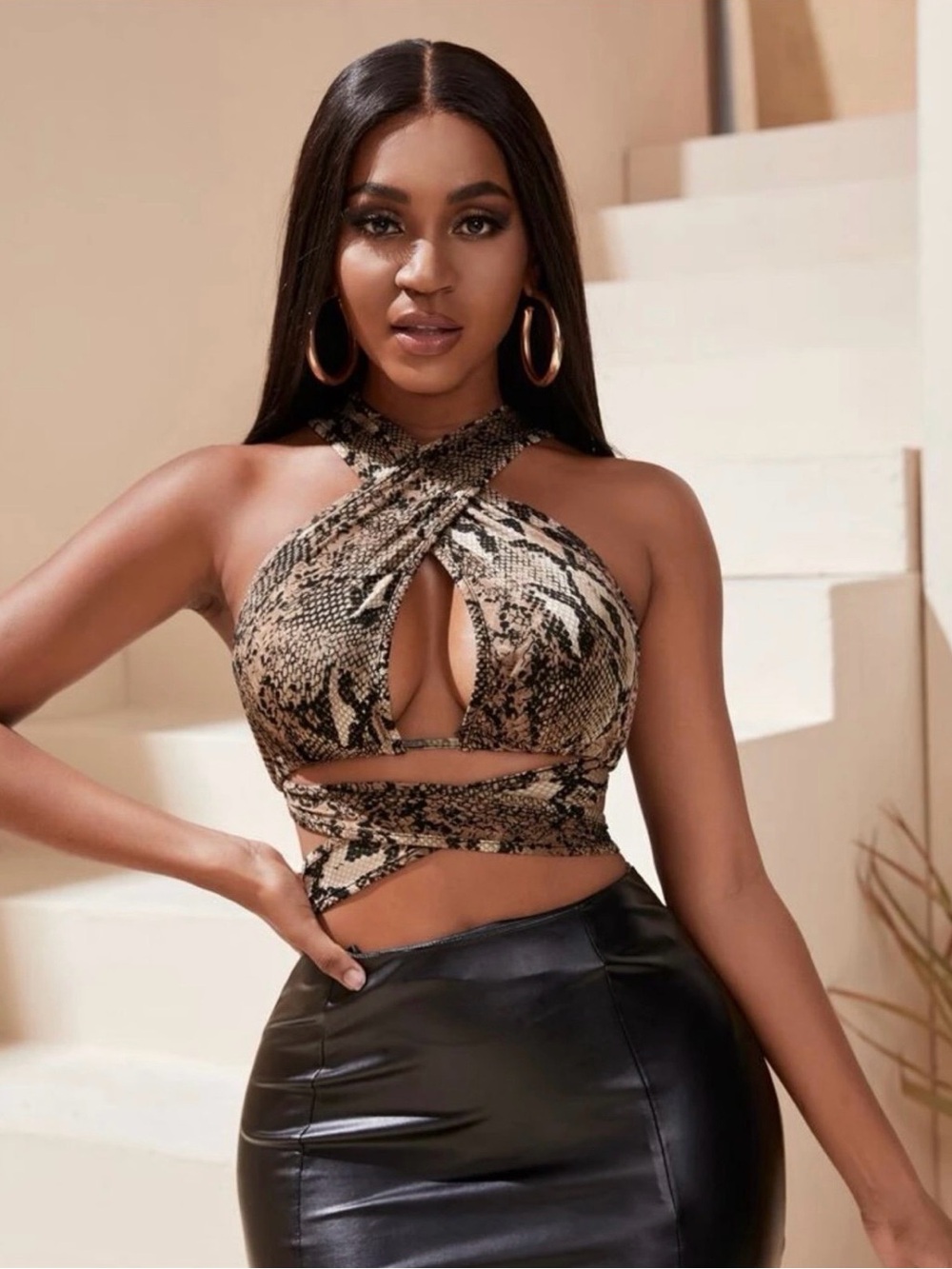 SHEIN Brown Snake Print Crisscross Halter Wrap Crop Top